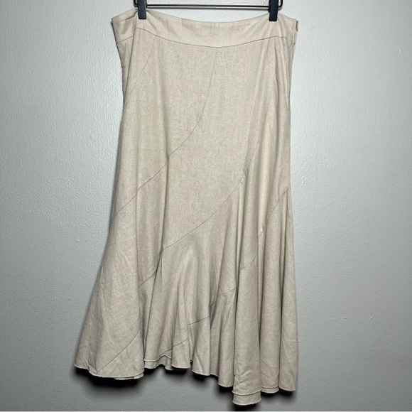 VTG Women Linen Skirt Medium Tan Ruffle Trim Academia Minimalist‎ Midi Flutter - Picture 1 of 7